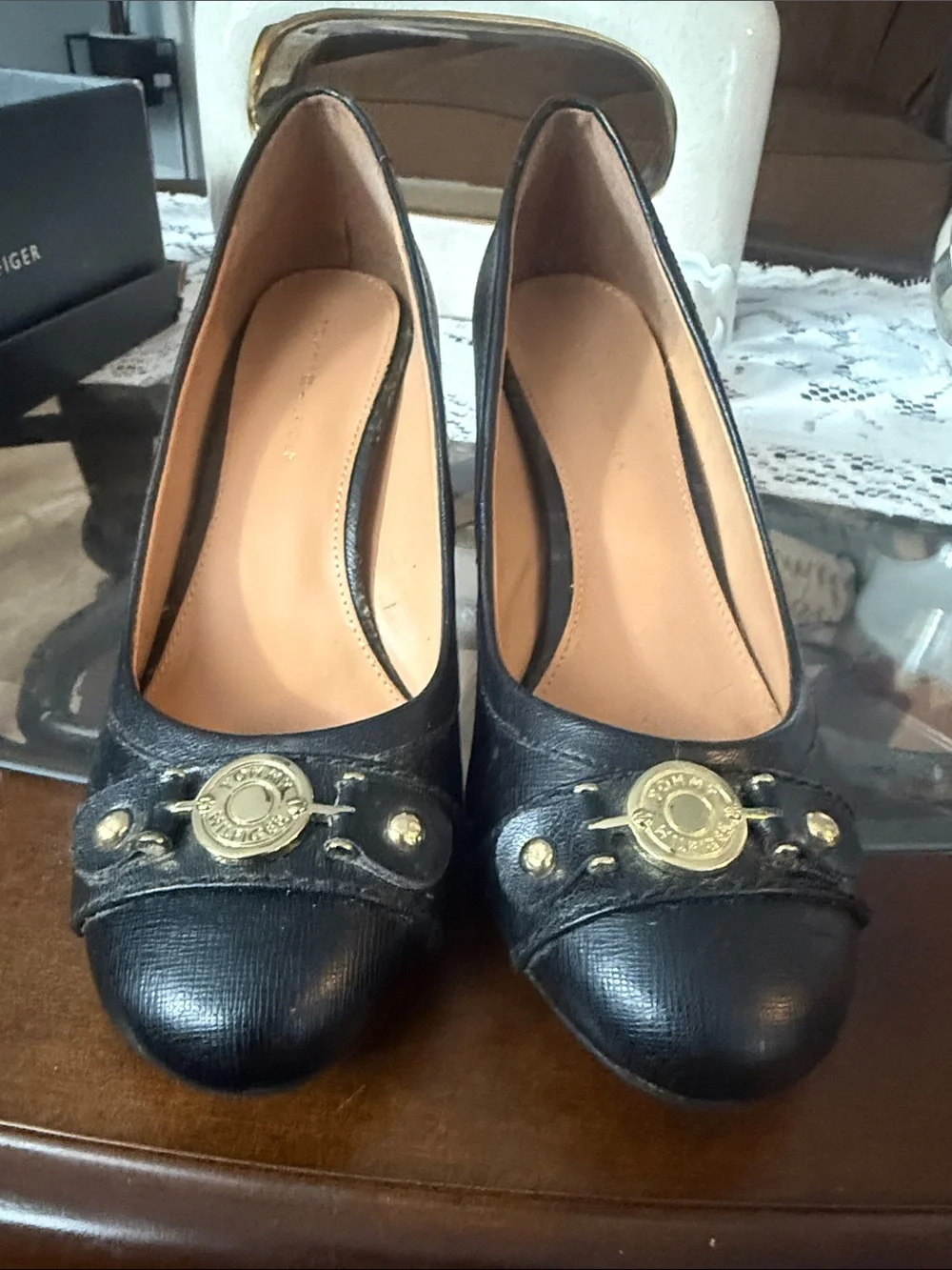 Tommy Hilfiger Black Leather Pumps with Gold Emblem